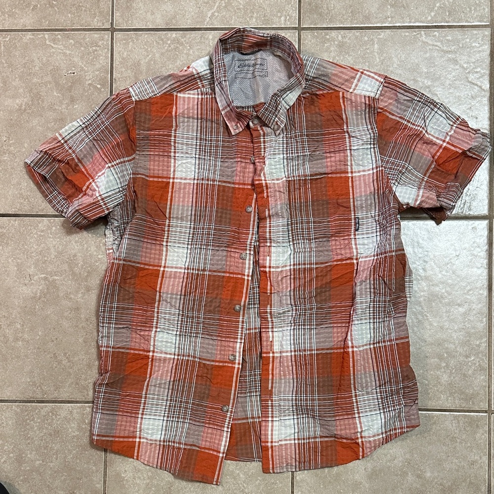 Eddie Bauer Orange and White Plaid Casual Shirt